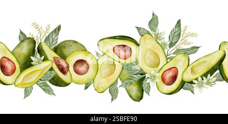 Nahtloser Rand der Aquarellavocado-Illustration. Handgezeichnete botanische Zeichnung. Die Hälfte der Früchte mit Blättern und Samen in Scheiben schneiden. Grüne Pflanze für Lebensmittel Stockfoto