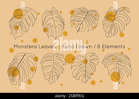 Monstera hinterlässt tropische exotische Strichlinien-Elemente der Designkollektion Stock Vektor
