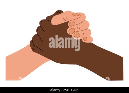 Zwei Hände, die sich zusammenschließen, eine schwarze, eine weiße Stock Vektor