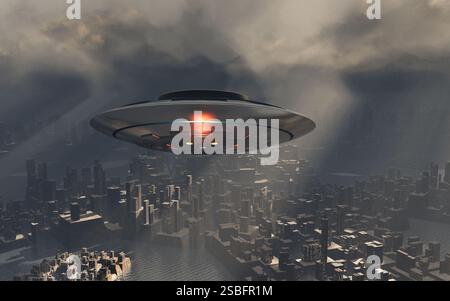 Eine UAP, die über Eine Stadt fliegt Stockfoto