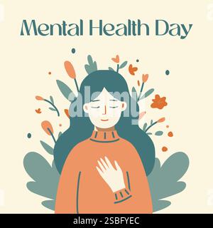 Tagesbanner für psychische Gesundheit. Vektorbanner gewidmet der psychischen Gesundheit mit Illustration des lächelnden Mädchens im Pullover. Mädchen erlebt Frieden und Ruhe t Stock Vektor