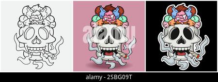 Eiscreme Im Schädelkopf Mit Raucher-Charakter-Cartoon. Schwarz weiß, bunt und Stickerstil. Für T-Shirt-Druck, Markenlogo, Label und Maskottchen p Stock Vektor