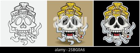 Pfannkuchen Im Schädelkopf Mit Raucher-Charakter-Cartoon. Schwarz weiß, bunt und Stickerstil. Für T-Shirt-Aufdruck, Markenlogo, Label und Mascot Pro Stock Vektor