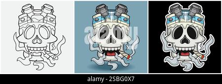 Milch Im Schädelkopf Mit Rauchender Figur Cartoon. Schwarz weiß, bunt und Stickerstil. Für T-Shirt-Druck, Markenlogo, Label und Mascot Producc Stock Vektor