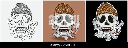 Erdnuss Im Schädelkopf Mit Raucher-Charakter-Cartoon. Schwarz weiß, bunt und Stickerstil. Für T-Shirt-Druck, Markenlogo, Label und Mascot-Produkt Stock Vektor