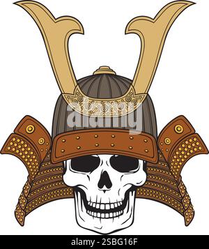 Samurai-Schädel. Traditionelle Rüstung des japanischen Kriegers. Vektorabbildung. Stock Vektor