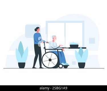 Schwester schiebt einen älteren Mann im Rollstuhl. Vektor-bunte Konzept-Illustration der jungen lächelnden Krankenschwester, die glücklichen älteren Mann in einem Rad hilft Stock Vektor