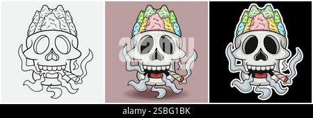 Baumwollbonbons Im Schädelkopf Mit Raucher-Charakter-Cartoon. Schwarz weiß, bunt und Stickerstil. Für T-Shirt-Druck, Markenlogo, Label und Masco Stock Vektor