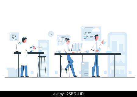 Biologen, die im Labor arbeiten. Vektor-bunte Illustration einer Gruppe von Wissenschaftlern, die Forschung in einem chemischen Labor durchführen. Teamwork-Konnektivität Stock Vektor