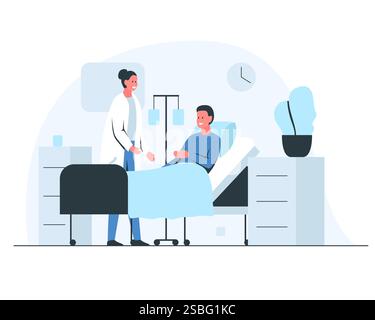 Vektor-bunte Illustration eines weiblichen Arztes, der mit einem Patienten in einer Krankenhausstation spricht. Freundlicher Arzt, der einen Patienten während der Krankenhausrunde überprüft Stock Vektor