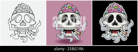 Bubble Gum Inside Skull Head With Smoking Character Cartoon. Schwarz weiß, bunt und Stickerstil. Für T-Shirt-Druck, Markenlogo, Label und Mascot Stock Vektor