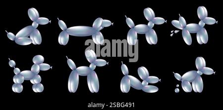 3D Ballonhunde Set. Chrom Helium Ballon in Form eines sitzenden, knallenden, spielenden Hündchens im realistischen 3D-Stil. Vektorabbildung auf schwarzem Hintergrund isoliert. Metallic-Skulpturentiere. Stock Vektor