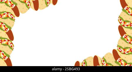 Mexikanische Tacos, die Fleisch mit Salatblättern und Gemüsesauce füllen, Ecke links und rechts. Isolierte Vektor-Illustration Thematische Karten, Poster, Preisschild, Etikett oder Web-Werbebanner, Faltblatt Stock Vektor