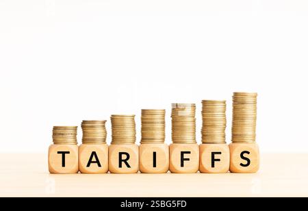 Zölle Wort und gestapelte Münzen auf Holzblöcken isolierten weißen Hintergrund. Kopierbereich Stockfoto
