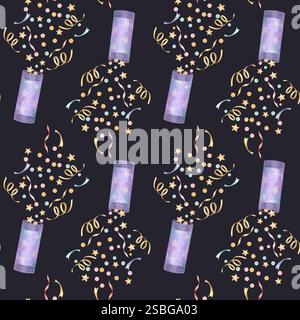 Ein festliches, nahtloses Muster mit Aquarellillustrationen von Konfetti-Poppers und bunten Streamern auf dunklem Hintergrund. Ideal für Partydekorationen, Geschenkverpackungen und festliche Designs. Stockfoto
