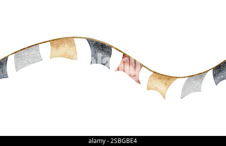 Flaggengirlande im Seeräuberstil. Nahtloses Aquarellbanner. Rahmen auf weißem Hintergrund. Clipart für Kinderparty, Einrichtung im Kinderzimmer Stockfoto