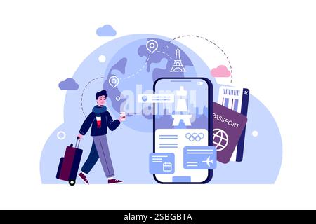 Vektor-Illustration eines Mannes, der mit einem Koffer geht. Ein Fan geht zu einer Sportveranstaltung in Paris. Konzept für Planung und Reise. Auf der Rückseite Stock Vektor
