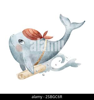 Aquarellkomposition Walpiraten Seemann trägt eine Rolle in Wellen. Isolierte Illustration Delfin handgezeichnet im Zeichentrickstil Design Kinder Stockfoto