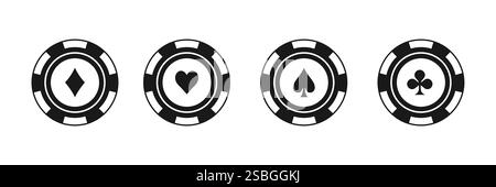Poker-Chips, Casino-Spielikonen. Glücksspielmünzen, vier Spielmarken mit Kartenzeichen Diamant, Herz, Spaten und Club Stock Vektor