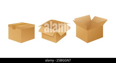 Sammlung von Mockups aus Pappkartons. Offener und geschlossener Karton mit zerbrechlichen Schildern Stock Vektor
