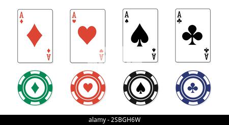 asino Poker Karten und Chips. Karten-Asse. asse aller vier Anzüge, Diamanten, Pik, Herzen, Schläger Stock Vektor