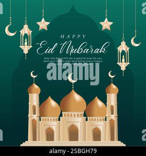 Happy Eid al Fitr. Die realistische Moschee IDUL FITRI bedeutet Eid al Fitr. EID Mubarak Poster Design mit islamischer Moschee und Laterne Stock Vektor