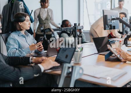 Modernes Büro mit verschiedenen Mitarbeitern, die an Projekten zusammenarbeiten Stockfoto