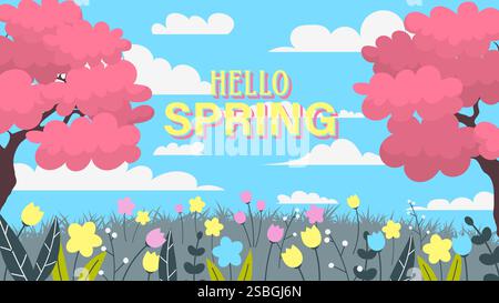 Frühlingslandschaft mit Bäumen. Vektorabbildung. Saisonaler Hintergrund EPS10 Stock Vektor