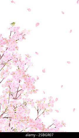 Kirschblüten und Gebäude - Vektorillustration einer Stadtlandschaft und Menschen zu Fuß - Menschen auf der Erde - Frühlingshintergründe Stock Vektor