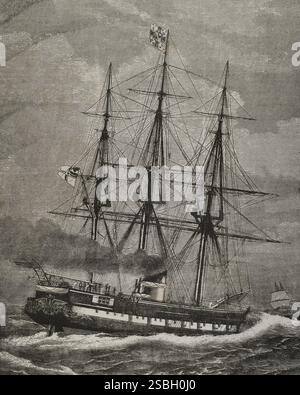 Reise des Kronprinzen Friedrich Wilhelm (1831-1888) nach Spanien. Dampfkorvette „SMS Prinz Adalbert“ (Prinz Adalbert), auf der Prinz Friedrich die Überquerung von Genua nach Valencia machte. Gravur. La ilustración. Revista hispano-americana, 1883. Stockfoto
