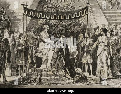 Faust. Tragödie von Johann Wolfgang von Goethe (1749-1832). Darstellung einer Szene aus dem zweiten Teil des tragischen Stücks: Heirat von Helena. Gravur. La ilustración. Revista hispano-americana, 1884. Stockfoto