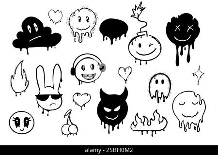 Graffiti Gangster Tattoo Elemente, Farbspritzer, Spray. Herzgesicht, Schädelset. Doodle Gunge groovige Druckkrone, Kirsche, Gruselset,. Vektorabbildung Stock Vektor