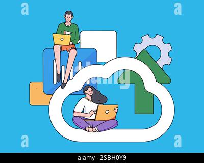 Business Collaboration Cloud Computing flache Vektorkonzepte Operation handgezeichnete Illustration Stock Vektor