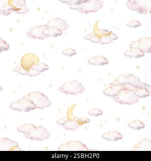 Nahtloses Aquarellmuster mit Regenbogenfarben, pastellfarbenen Wolken, gelben Sternen und Halbmonden. Illustration des Hintergrunds für Kinderzimmer-Tapeten Stockfoto