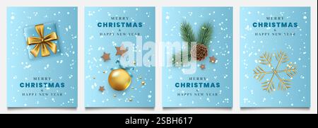 Frohe Weihnachten. Weihnachtskarten- oder Posterdesign. Realistische isolierte Elemente. Geschenk, Winterbaum mit Spielzeug, goldene Schneeflocken. Weihnachtsgruß. Neujahr Pos. Stock Vektor