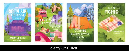 Picknickposter. Camp Park Freiluftkonzert, Essen und Musik Sommer Party Hintergrund, Öko Straßenfest. Einladungsbanner zum Festival. Zelt im Wald. Vect Stock Vektor