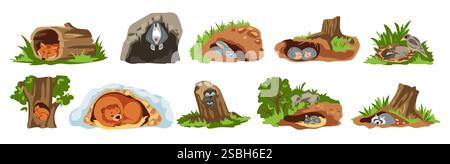 Tierhöhle. Naturwesen schlafen in Höhlen. Niedliche Waldhohlbäume. Wilder Bär. Fledermaus und Igel in Löchern. Fox Home oder Eulennest. Eichhörnchen, Kaninchen Stock Vektor