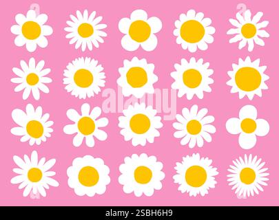Daisy-Symbole. Kamillenblüten, Retro-weißes Kamillenkind oder Baby-Farbblatt. Frühling, Sommer Hippie Wiesenblüte. Dekorative Blumenelemente. Cartoon Stock Vektor