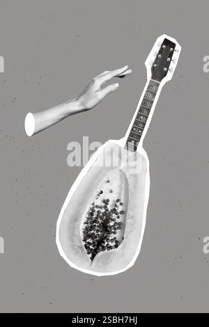 Vertikales Collagenbild einer schwarzweißen Gamma-Arm-Papaya-Fruchtgitarre, isoliert auf lackiertem Hintergrund Stockfoto