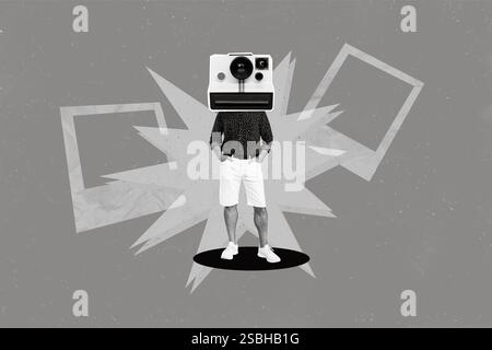 Collage 3D Bild eines Pinup Pop Retro Sketch eines Mannes, der im Retro-Retro-Fotoapparat eine Taschenlampe für Modellphotorealismus darstellt Stockfoto