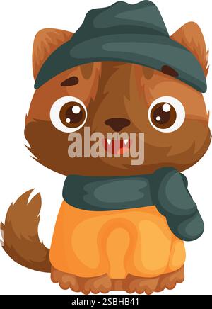 Niedliche braune Karikaturkatze, die ein gemütliches Winteroutfit mit Hut und Schal trägt und glücklich auf weißem Hintergrund sitzt. Perfekt für Designs. Stock Vektor