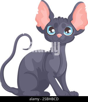 Bezaubernde Zeichentrickillustration einer schwarzen haarlosen Sphynx-Katze, die mit einem neugierigen Ausdruck sitzt, mit großen blauen Augen und rosa Ohren. Stock Vektor