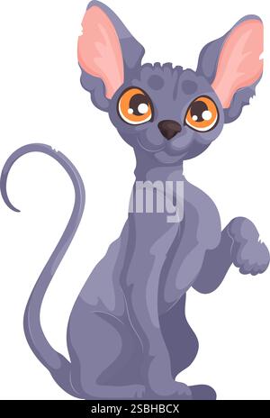 Niedliche Zeichentrickillustration einer grauen, haarlosen Sphynx-Katze, die mit einer erhobenen Pfote sitzt, mit orangefarbenen Augen und großen rosa Ohren. Stock Vektor
