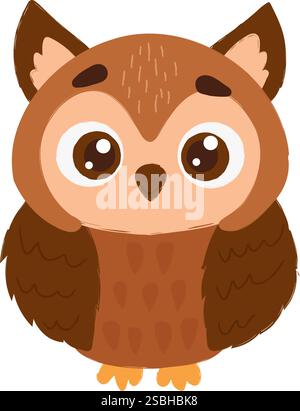 Bezaubernde Zeichentrickillustration einer braunen Eule mit großen Augen, flauschigen Federn und einem entzückenden Ausdruck auf weißem Hintergrund. Stock Vektor