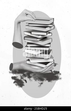 Collage 3D Bild eines Pinup Pop Retro-Skizzen von Händen, die einen isolierten Malhintergrund mit Bücherstapel halten Stockfoto
