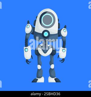 Cartoon-Illustration eines futuristischen Roboters mit einem runden Kopf, krallenartigen Händen und einem eleganten blau-weißen Design auf blauem Hintergrund. Stock Vektor