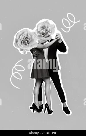 Vertikales Collagenbild von zwei schwarz-weißen Gamma-Partnern umarmen tanzende Rosenblumen, statt Kopf isoliert auf blauem Hintergrund Stockfoto