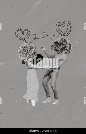 Vertikales Collagenbild von zwei schwarz-weißen Gamma-Menschen, die Arme halten und Blumen tanzen, anstatt den Kopf auf gemaltem Hintergrund isoliert zu halten Stockfoto