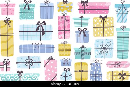 Geschenkbox mit Doodle. Geschenkboxen mit Schleifen und Bändern, isolierte verschiedene Geschenke für Geburtstag weihnachten Frauen Tag Valentinstag, neoterische Vektor-Set Stock Vektor