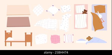 Cartoon-Elemente im Schlafzimmer. Kissen, Matratze, Bett und Decke. Schlafplatz mit Plüschspielzeug, Teddybär und Gans. Schlafausrüstung für Erwachsene für Kinder Stock Vektor